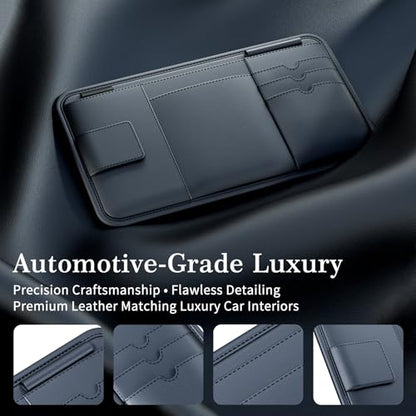 Car Visor Organizer, Premium Leather Sunglasses & Card Holder for Cars, Registration/Insurance Slot, Credit Card Pockets, Automotive Interior Organizer for Car Sun Visor (Black Leather)
