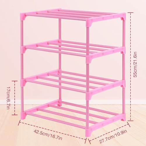 HITHIM 4-Tier Free Standing Pink Shoe Racks, Lightweight Stackable Shelf | 6-8 Pairs Shoe Storage for Girls/ Women/ Kids' Closet, Small Place Organizer for Entryway, Doorway and Closet
