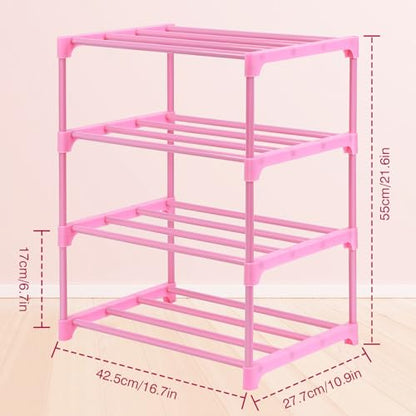 HITHIM 4-Tier Free Standing Pink Shoe Racks, Lightweight Stackable Shelf | 6-8 Pairs Shoe Storage for Girls/ Women/ Kids' Closet, Small Place Organizer for Entryway, Doorway and Closet