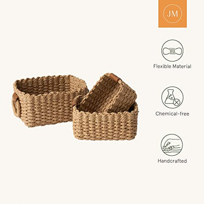 LA JOLIE MUSE Small Wicker Baskets for Organizing, Desert 3 Pack | Decorative Organizer with Vegan Leather Tag, Round Handle, Storage Baskets for Shelves, Bedroom, Kitchen, Office and Home