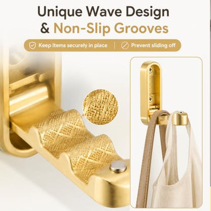 Foldable Wall Hooks, Hold 40lbs, Magnetic Lock Zinc Alloy Gold 4Pcs | Folding coat hooks for towels, coats, bags. Rustproof zinc alloy, screw mount. Space-saving for bathroom, kitchen, entryway.