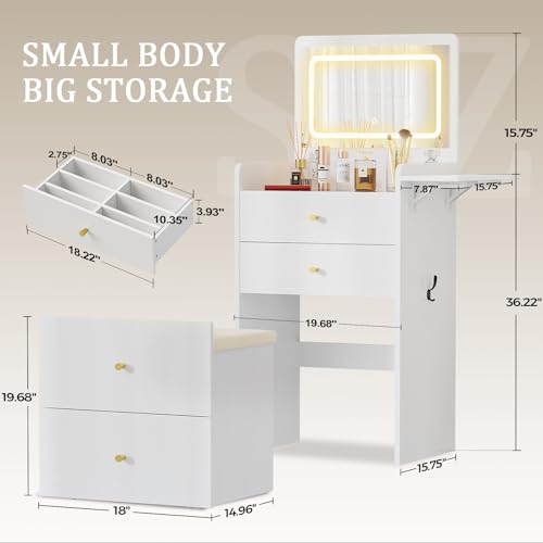 COMHOMA Makeup Vanity Desk with Mirror and Lights, Small 3 in 1 Vanity Table with Visible Glass Top, Flip Top & 3 Drawers, Compact Dressing with Storage Stool for Room or Office