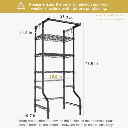 U11 Mini Over Washer and Dryer Shelves, 3 Tiers Laundry Room Storage and Organizer Standing Shelf, Metal Freestanding Clothes Drying Rack, 28.3”W x 19.7”D x 77.6”H, Black