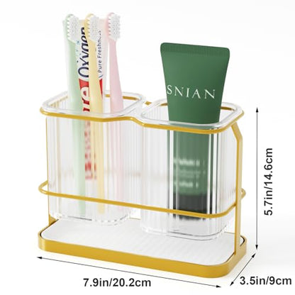 Gold Toothbrush Holders for Bathrooms, 2 Cups Toothbrush Holders Wall Mounted, Dry & Wet Separation, Bathroom Organizer and Storage - Bathroom Toothbrush Holder Set for Family Kids