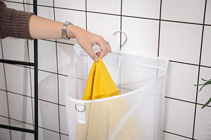 ALYER Hanging Semi Round Storage Mesh Bag,Collapsible Laundry Hamper Basket with Durable Hanger (White)