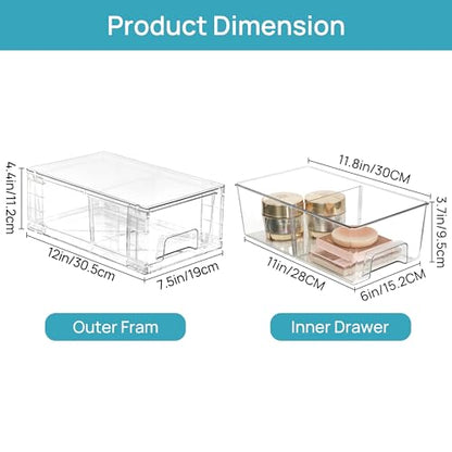 Vtopmart 4 Pack Stackable Storage Drawers,Clear Acrylic Drawer Organizers with Handles, Easily Assemble for Fridge, Bathroom,Kitchen Undersink,Cabinet,Pantry Organization and Storage
