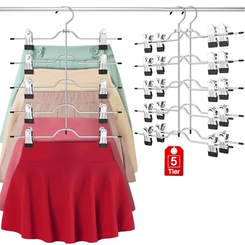 Pants Skirt Hangers with Clips 2 Pack 5 Tier | Pant Hangers Skirt Hangers Space Saving Closet Hanger Organizer Closet Organizers and Storage