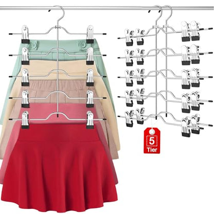 Pants Skirt Hangers with Clips 2 Pack 5 Tier | Pant Hangers Skirt Hangers Space Saving Closet Hanger Organizer Closet Organizers and Storage