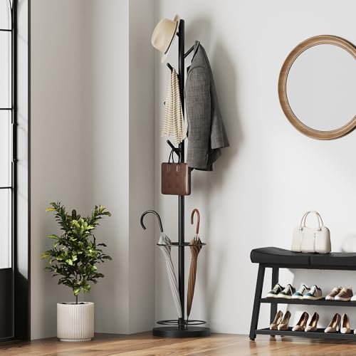Coat Rack Freestanding with Umbrella Holder, Coat Rack Stand with 8 Hooks, Heavy Duty Coat Tree for Entryway, Modern Clothing Rack, Metal Coat Hanger Stand for Bedroom, Office, Black YM03BB