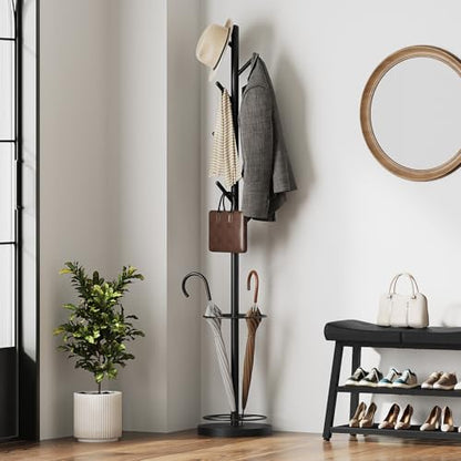 Coat Rack Freestanding with Umbrella Holder, Coat Rack Stand with 8 Hooks, Heavy Duty Coat Tree for Entryway, Modern Clothing Rack, Metal Coat Hanger Stand for Bedroom, Office, Black YM03BB