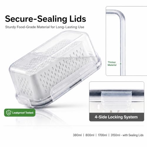 Fruit Storage Containers for Fridge with Lids, Fridge Organizers and Storage Produce Saver Box with Removable Drain Basket for Fruit Berry Salad Vegetable Meat, 380ml to 3150ml (4 Pack)