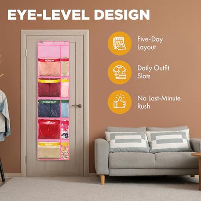 Handy Laundry Weekly Clothes Organizer for Kids, 10 Pocket 5-Shelf Closet | Days of the Week Hanging Closet Shelves, Monday Through Friday & Weekend, School Outfit Storage, Side Pockets, Over-Door