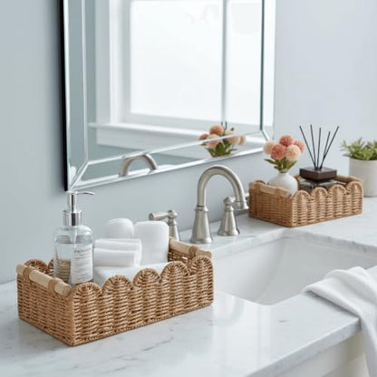 CubesLand Scalloped Toilet Paper Storage Basket for Over Toilet Shelves | Decorative Wicker Organizer Basket Perfect for Home Countertop Storage, Small Basket, Living Room Shelf Decor, Neutral