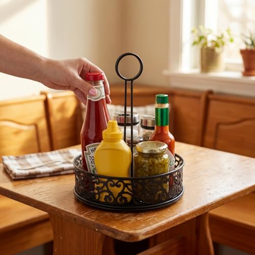 Lyellfe 2 Pack Condiment Caddy with Menu Number Card Holder | Metal Black Restaurant Table Caddy, Decorative Carved Seasoning Organizer for Grill Outdoors, Kitchen Cabinet, Camping