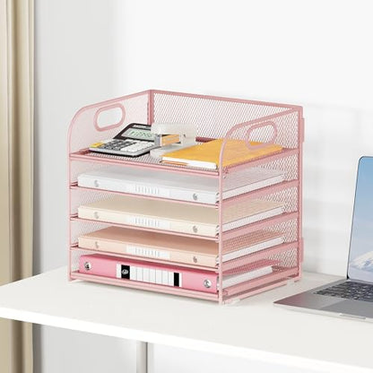 5 Tray Paper Organizer Letter Tray with Handle - Mesh Desk File Organizer, Paper Sorter Organizer for Office, Home or School File Folder Holder - Pink