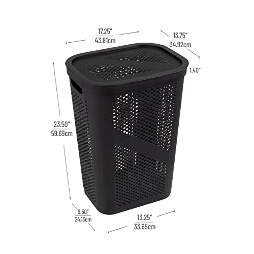 Mind Reader Slim Laundry Hamper with Lid, 60L Clothes Basket, Ventilated Plastic, Black