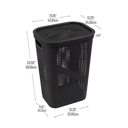 Mind Reader Slim Laundry Hamper with Lid, 60L Clothes Basket, Ventilated Plastic, Black