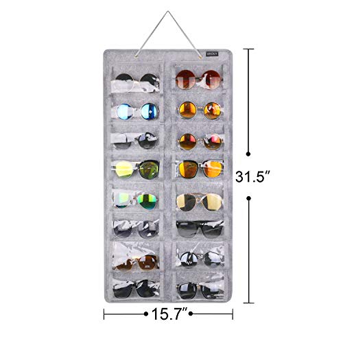 AROUY Sunglasses Organizer Storage, Hanging Dust Proof Wall Pocket Glasses Organizer - 16 Felt Slots Sunglass Organizers Holder with Metal Hook and Sturdy Rope (Gray, Dust Proof)