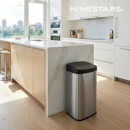 Ninestars 13 Gallon Automatic Trash Can, 50L Touchless Motion Sensor Garbage Can with Odor-Sealing Lid, Rectangular Stainless Steel, Black Trim