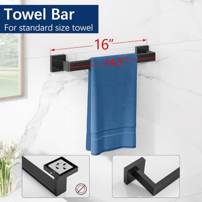 5-Piece Bathroom Hardware Accessories Set, Towel Racks for Bathroom Wall Mounted Stainless Steel, Matte Black Towel Bar Set 16In