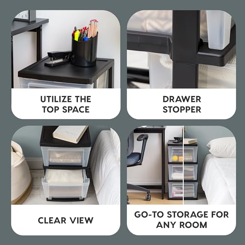 IRIS USA 3-Drawer Slim Narrow Storage Organizer, 2-Pack, Black/Clear | Organize craft supplies, school essentials, beauty items, and small household accessories with compact drawer storage