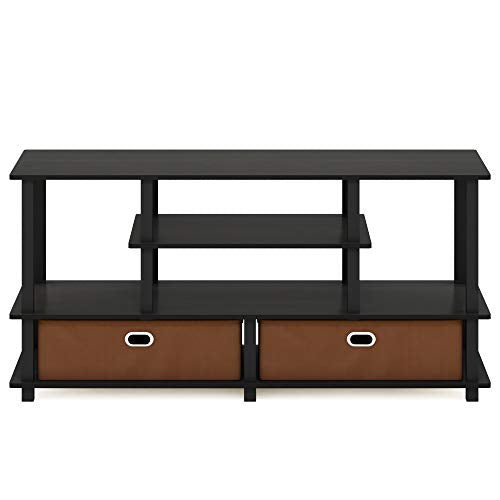 Furinno Jaya Toolless Assembly TV Stand for TV up to 55 Inch, 4-Tier Entertainment Center, TV Console with 2 Storage Bins, for Living Room, Bedroom, Home Office, Black Espresso