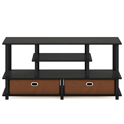 Furinno Jaya Toolless Assembly TV Stand for TV up to 55 Inch, 4-Tier Entertainment Center, TV Console with 2 Storage Bins, for Living Room, Bedroom, Home Office, Black Espresso