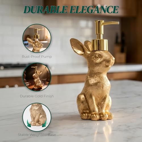 Gold Bunny Soap Dispenser – Vintage Rabbit Hand & Dish Soap Dispenser for Kitchen Sink & Bathroom Vanity – Rust Proof Pump Lotion Bottle – Resin Animal Statues Home Decor & Easter Decorations, 8oz