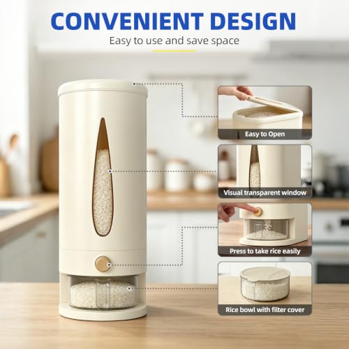 samstar Large Capacity Rice Dispenser 20-25 lbs, Sturdy & Airtight Rice Storage Container, Quick Rice Dispensing Design, Moisture Resistant Grain Storage Bin Rice Holder for Kitchen, BPA-Free, Beige