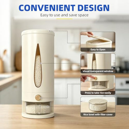 samstar Large Capacity Rice Dispenser 20-25 lbs, Sturdy & Airtight Rice Storage Container, Quick Rice Dispensing Design, Moisture Resistant Grain Storage Bin Rice Holder for Kitchen, BPA-Free, Beige