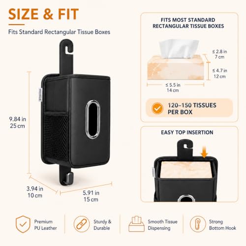 4 in 1 Car Tissue Holder with Headrest Hooks, Small Trash Can & Seat Back Organizer, PU Leather Tissue Box Cover for 120-150 Tissues, Trash Pockets & Hook Set, Keep Car Tidy, Black