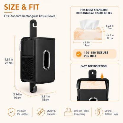 4 in 1 Car Tissue Holder with Headrest Hooks, Small Trash Can & Seat Back Organizer, PU Leather Tissue Box Cover for 120-150 Tissues, Trash Pockets & Hook Set, Keep Car Tidy, Black