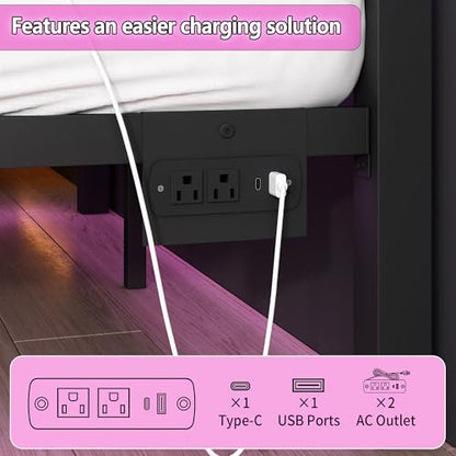 CLIBFENG Full Size Bed Frame with Headboard and Footboard,Steel Slats Support-LED Bed Frame with Charging Station,Mattress Foundation-Under Bed Storage, No Box Spring Needed,Noise Free,Black