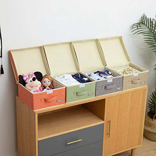 YueYue Fabric Storage Bins with Lids Small 4 Pack, Linen Foldable Storage Box with lids 4 Color Set 12.4in/12in/6.7in