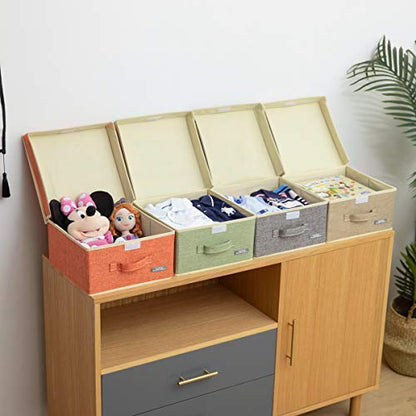 YueYue Fabric Storage Bins with Lids Small 4 Pack, Linen Foldable Storage Box with lids 4 Color Set 12.4in/12in/6.7in