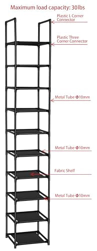 FIDUCIAL HOME 10 Tiers Vertical Shoe Rack 10 Pairs Skinny Shoe Shelf | Tall Narrow Space Saving for Entryway Closet, Easy to Assemble, 11"L x 11"W x 68.8"H