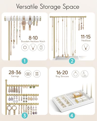VLANDO Jewelry Stand Organizer with Ring Holder, Jewelry Holder Organizer with Tray, Necklace Holder Bracket Holder Earring Holder - White