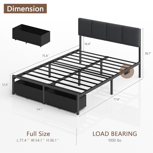 Full Size Bed Frame with Upholstered Headboard & 2 Storage Drawers