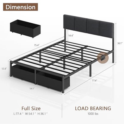 Full Size Bed Frame with Upholstered Headboard & 2 Storage Drawers