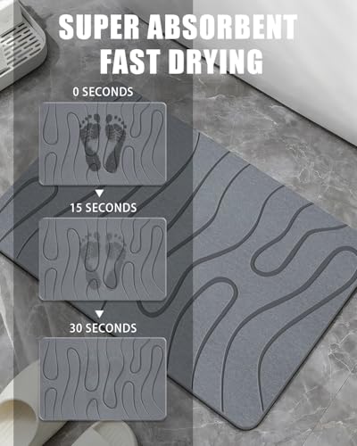 Stone Bath Mat, Diatomite Fast Drying Non Slip Stone Shower Mat, Super Absorbent for Bathroom & Kitchen, Multi-Use as Pet Mat, Easy to Clean 16"x24", Gray