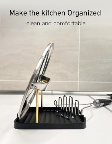 Anti-Rust Metal Spoon Rest with Lid Holder While Cooking, Black Gold | Durable Heat-Resistant Spoon and Lid Rest with Non-Slip Pads, Kitchen Pot Lid Holder for Countertop & Stovetop