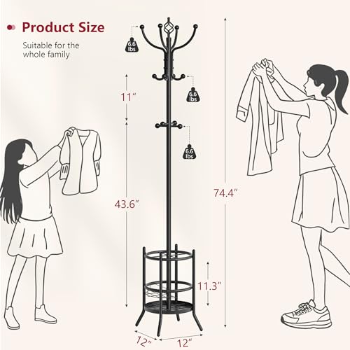 Coat Rack with Umbrella Holder, Coat Stand With 16 Hooks, Black | 2-In-1 Design, Coat Tree Freestanding, Durable & Stable, Space-Saving, For Living Room, Bedroom, Office