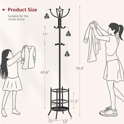Coat Rack with Umbrella Holder, Coat Stand With 16 Hooks, Black | 2-In-1 Design, Coat Tree Freestanding, Durable & Stable, Space-Saving, For Living Room, Bedroom, Office