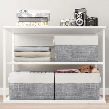 Storage Bins 3-Pack, Foldable Storage Baskets for Organizing Toys, Books, Shelves, Closet, Large Storage Box with Rope Handles, Sturdy Organizer Bins, White & Grey