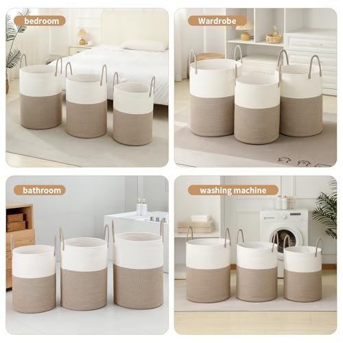 Laundry Basket Hamper Tall Rope Storage Woven for Blanket Toys Dirty Clothes in Living Room Bathroom Bedroom White & Brown 60L/15.8Gal