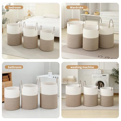 Laundry Basket Hamper Tall Rope Storage Woven for Blanket Toys Dirty Clothes in Living Room Bathroom Bedroom White & Brown 60L/15.8Gal