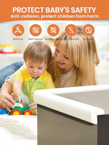 16.4FT L-Shape Baby Corner Protector Guards, Pre-Taped, 0.47''Thick | Edge Safety Bumpers for Furniture & Sharp Table Corners, with 10 Corners, Waterproof Soft Foam Adhesive Guard Cushion, White