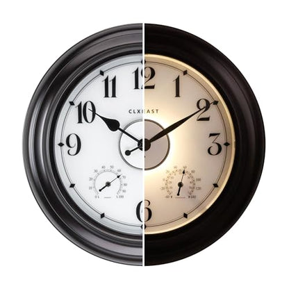 24 Inch Large Illuminated Outdoor Clocks Waterproof,IP65 Rating | Built In Adjustable Thermometer & Hygrometer, Bronze Black Metal, Weatherproof & Easy to Read for Patio, Pool & Home Decor