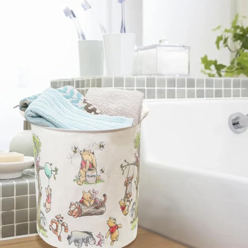 Oval Cute Bear Nursery Storage Basket With A Waterproof PE Coating, Foldable Large Canvas Laundry Hamper, Barrel Shaped Decorative Storage Baskets Suitable For Bathroom and Bedroom (White)