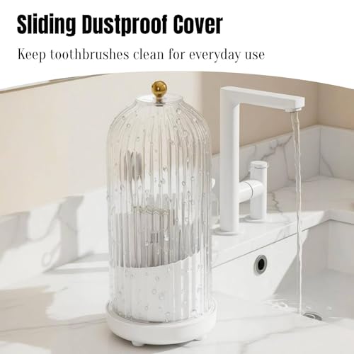 JEESA Dustproof Toothbrush Holder Organizer with Drainage, White | Sliding Door Cover, 360 Rotating, 3 Slots, Bathroom Countertop
